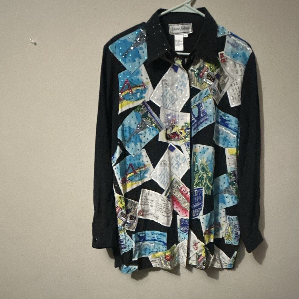 Diane Gilman Black Multicolor Silk Sequin Travel Geometric Button-Up Blouse M